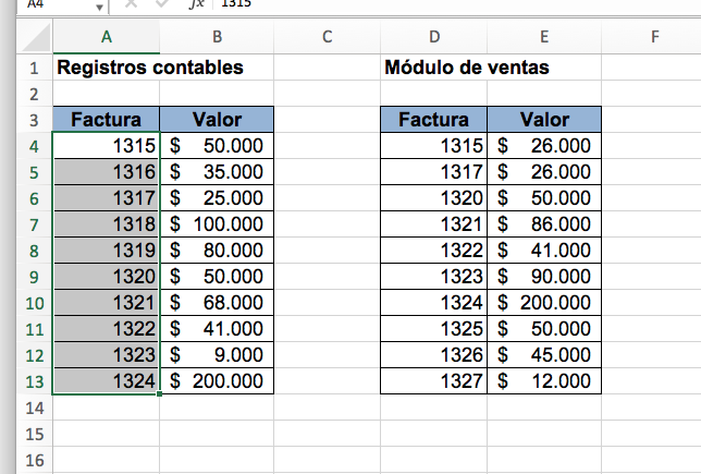 Conciliación en Excel: selección columna factura.