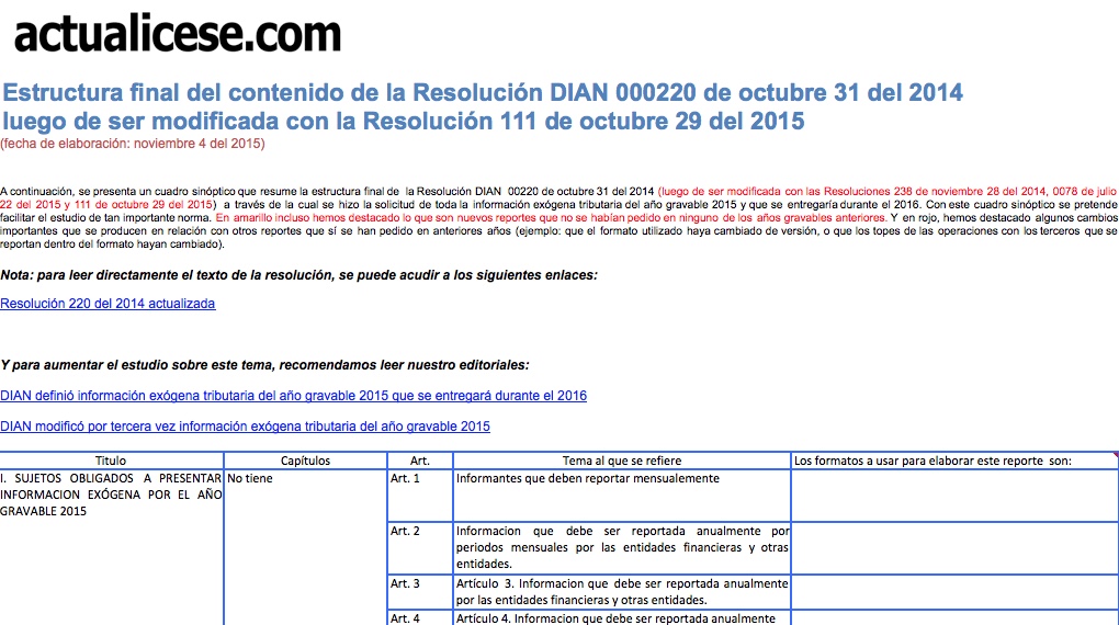 Exógena: Estructura final del contenido de la Resolución DIAN 000220 de octubre 31 del 2014