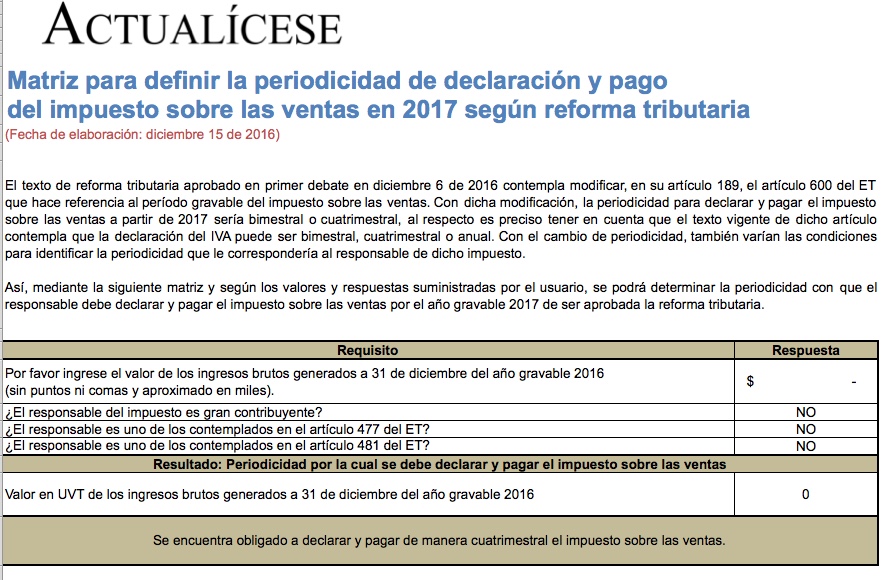 Matriz para definir la periodicidad de declaración y pago del IVA en 2017 según reforma tributaria