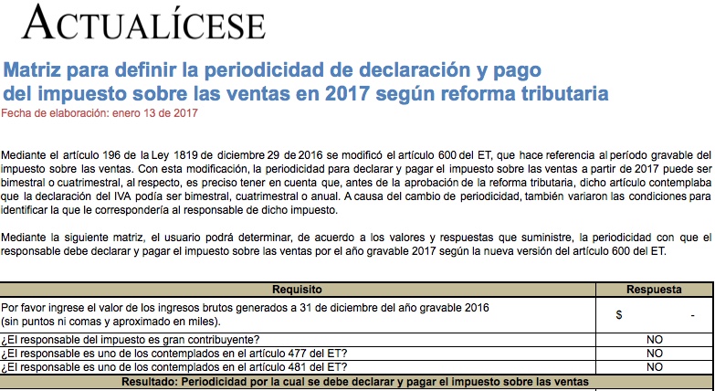 Matriz para definir periodicidad de declaración y pago de IVA en 2017 según reforma tributaria 2016
