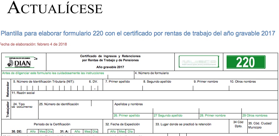 [ORO] Plantilla para elaborar formulario 220 certificado por rentas de trabajo del año gravable 2017