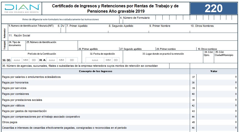 [ORO] Plantilla para elaborar formulario 220: certificado de ingresos y retenciones – año gravable 2019