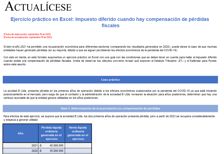 Ejercicio práctico en Excel: impuesto diferido cuando hay compensación de pérdidas fiscales