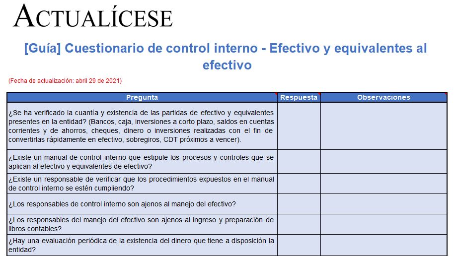 Cuestionario De Control Interno Efectivo Y Equivalentes De Efectivo