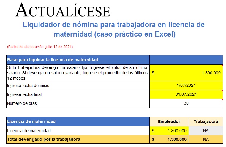 Liquidador de nómina para trabajadora en licencia de maternidad (caso práctico en Excel)