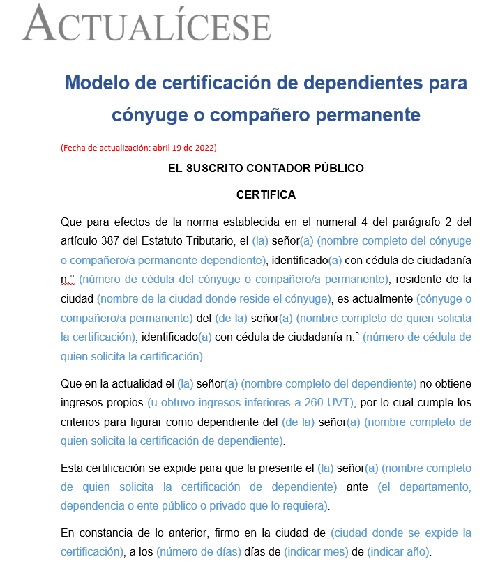 Modelos de certificación de dependientes para deducción en declaración de renta