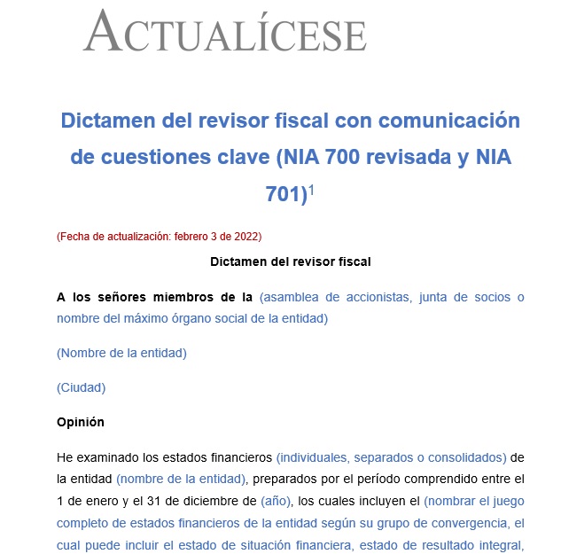 Dictamen Del Revisor Fiscal Con Cuestiones Clave Actualícese
