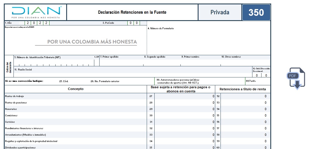 Plantilla en Excel del formulario 350 AG 2022 declaración de