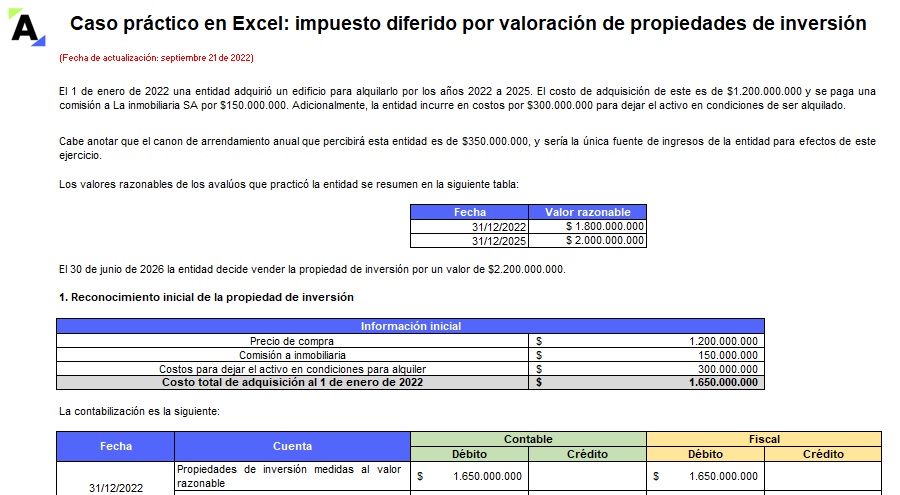 Caso Práctico En Excel Impuesto Diferido Por Valoración De Propiedades De Inversión Actualícese 8652