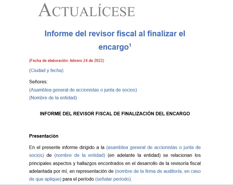 Informe Del Revisor Fiscal Al Finalizar El Encargo Actualícese