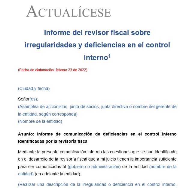 Informe del revisor fiscal sobre deficiencias en el control interno | |  Actualícese