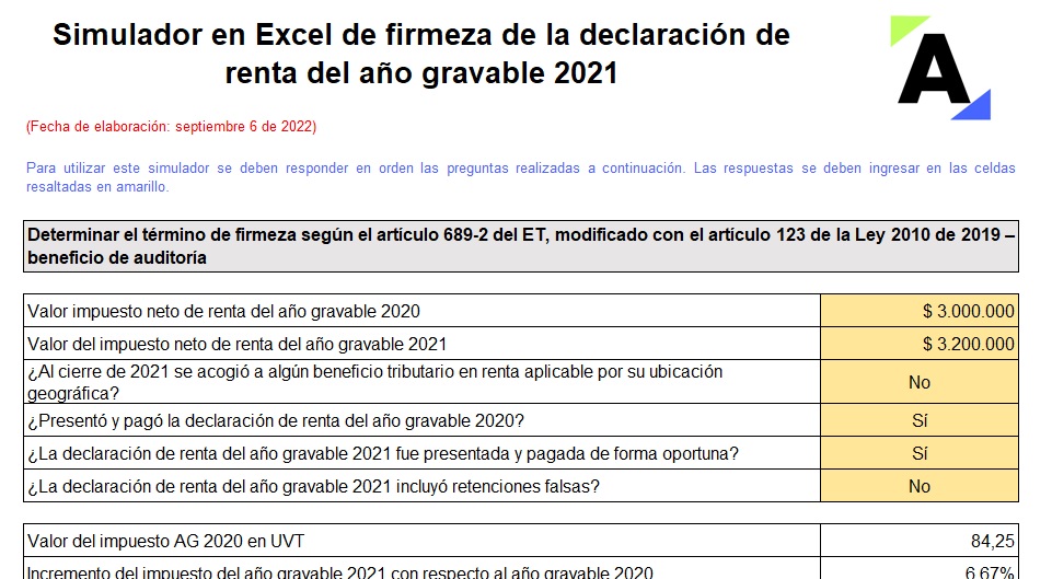 Simulador en Excel de firmeza de las declaraciones de renta del año gravable 2021