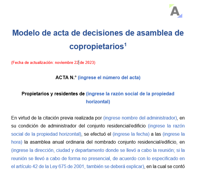 Modelo de acta de decisiones de asamblea de copropietarios
