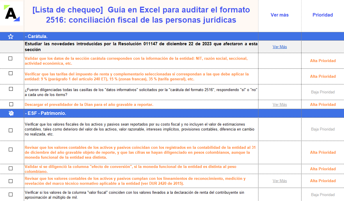 [Lista de chequeo] Guía en Excel para auditar el formato 2516: conciliación fiscal de las personas jurídicas