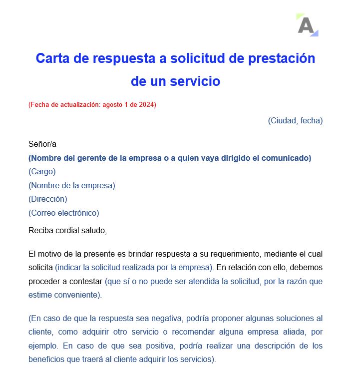 Modelo de carta de respuesta a la solicitud de un servicio