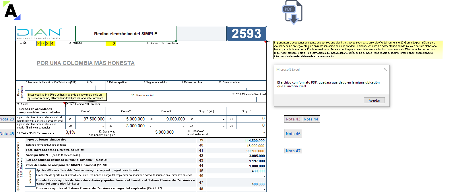 [Liquidador] Excel del formulario 2593 AG 2024: declaración de anticipos bimestrales – régimen simple