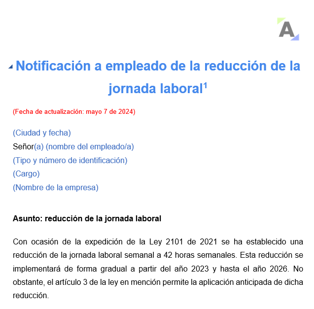 Notificación a empleado de la reducción de la jornada laboral