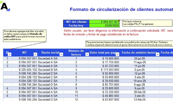 Formato en Excel de circularización de clientes automatizado