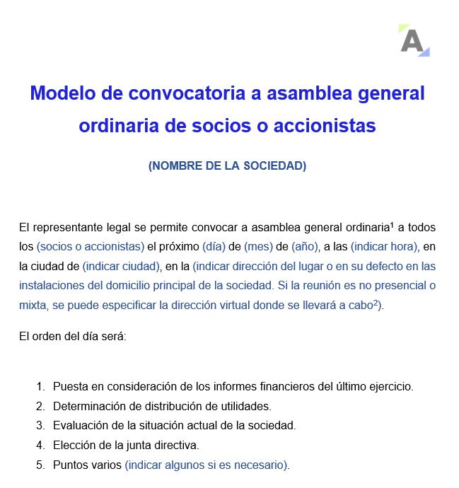 Modelo de convocatoria a asamblea general ordinaria de socios o accionistas