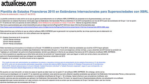 [Guía] Plantilla de Estados Financieros 2015 bajo Estándares Internacionales Plenos para Supersociedades con XBRL Express