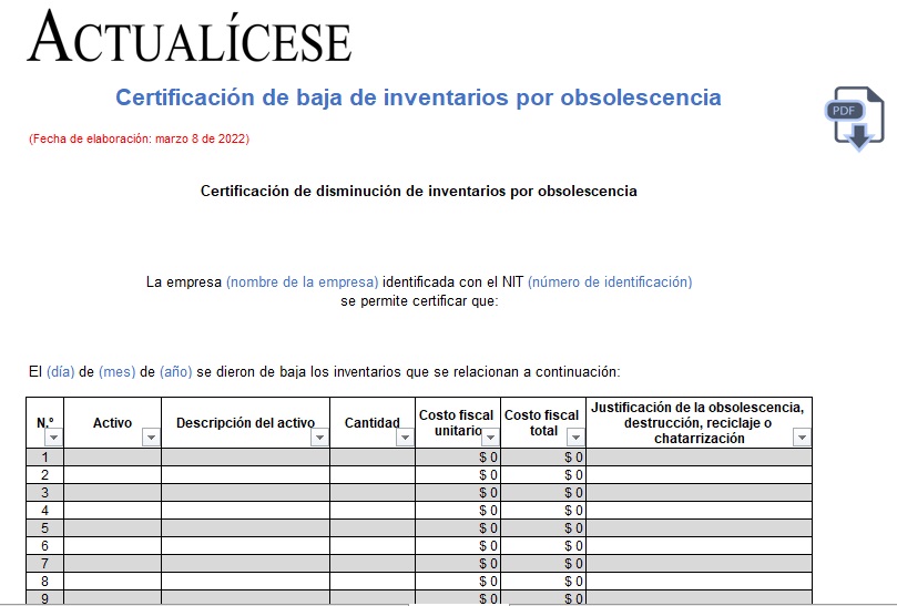 Certificación de baja de inventarios por obsolescencia