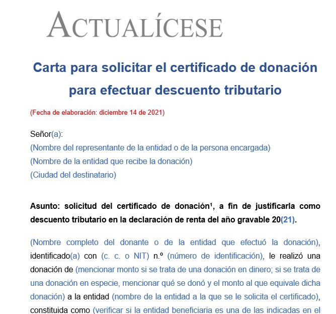 Carta para solicitar el certificado de donación para efectuar descuento tributario