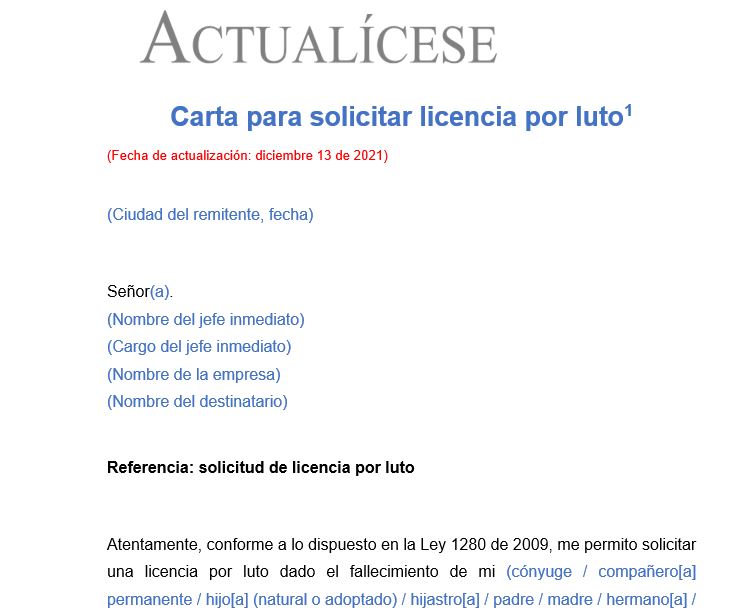 Carta para solicitar licencia por luto