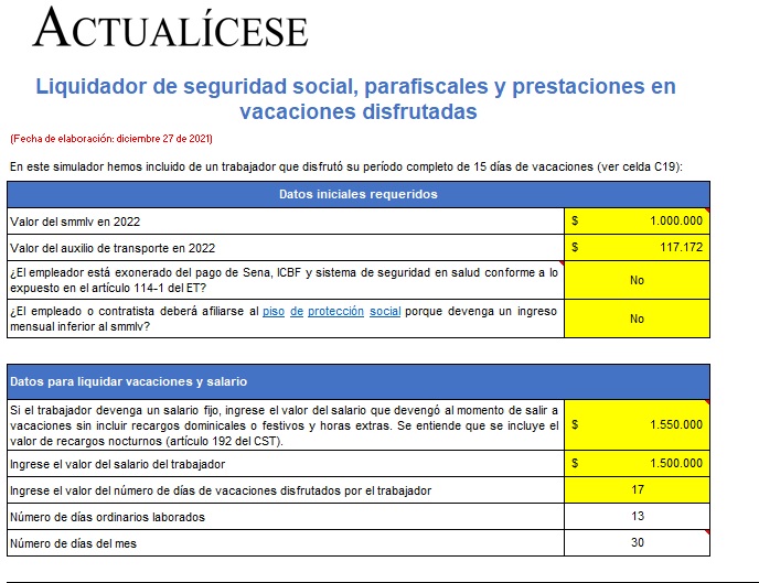 Liquidador de seguridad social, parafiscales y prestaciones en vacaciones