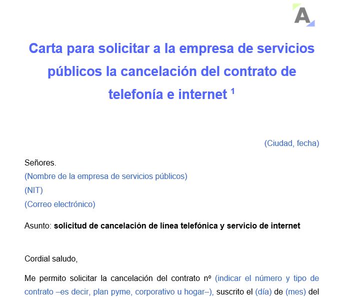 Carta para solicitar a la empresa de servicios públicos la cancelación del contrato de telefonía e internet