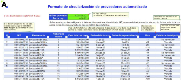 Formato en Excel de circularización de proveedores automatizado