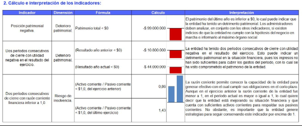 Liquidador de indicadores de detrimento patrimonial e insolvencia financiera