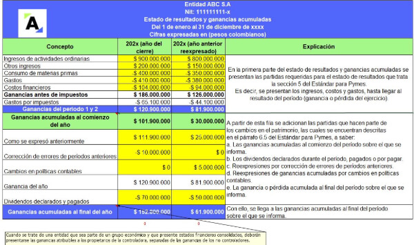Modelo en Excel de la estructura del estado de resultados y ganancias acumuladas