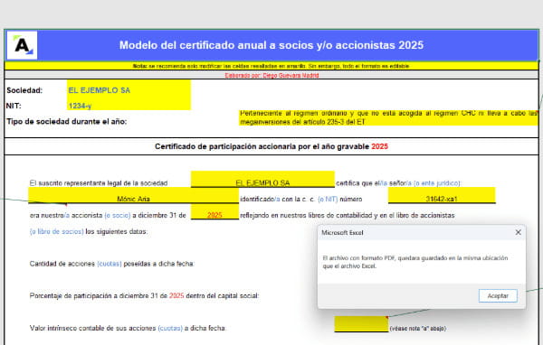 Modelo en Excel del certificado anual a socios y/o accionistas