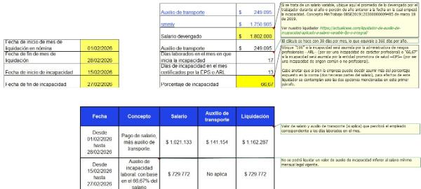 Liquidador de auxilio de incapacidad (valores asumidos por el empleador, la EPS o la ARL)