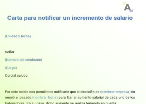 Carta para notificar un incremento de salario