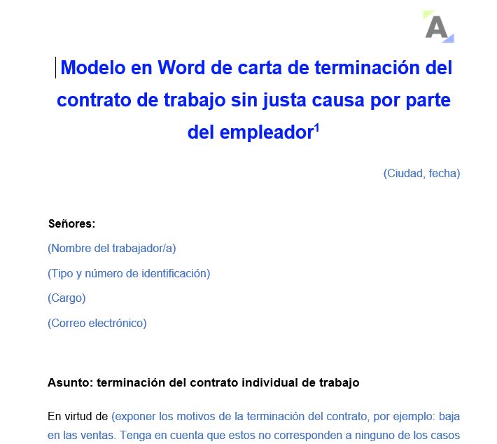 Modelo en Word de carta de terminación del contrato de trabajo sin justa causa por parte del empleador