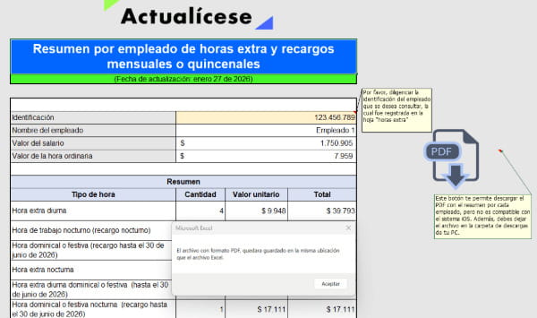 Formato de cálculo de horas extra y recargos mensuales o quincenales