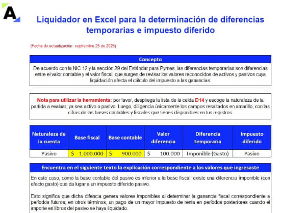 Liquidador en Excel para la determinación de diferencias temporarias e impuesto diferido