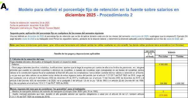 Liquidador en Excel del porcentaje fijo de retención en la fuente sobre salarios en diciembre de 2025 – Procedimiento 2