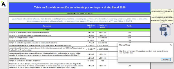 Tabla en Excel de retención en la fuente por renta para el año fiscal 2026