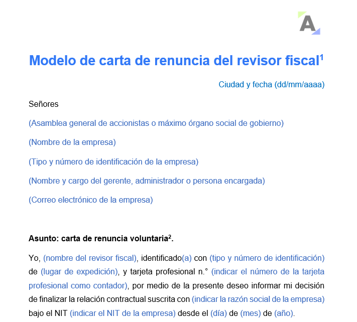 Modelo de carta de renuncia del revisor fiscal