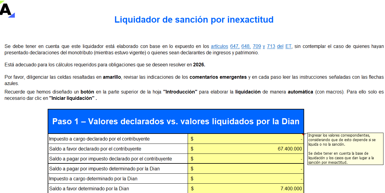Liquidador de sanción por inexactitud con macros